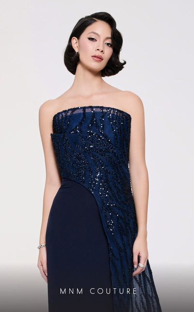 MNM Couture B1116 navy crepe column dress with bead and sequin details creating a tail effect. | Couture Shop LA