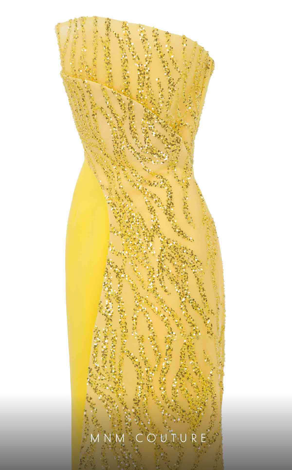 MNM Couture B1116 navy crepe column dress with bead and sequin details creating a tail effect. | Couture Shop LA