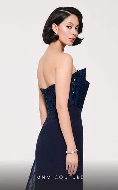 MNM Couture B1116 navy crepe column dress with bead and sequin details creating a tail effect. | Couture Shop LA