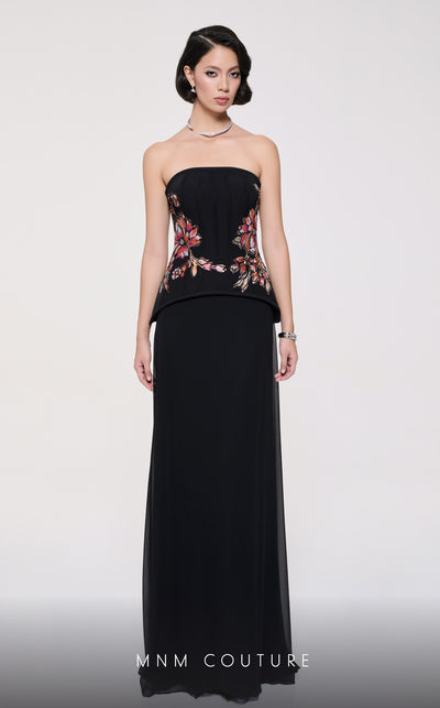 MNM Couture B1117 black mint column gown with floral embroidered corset and train |Couture Shop LA