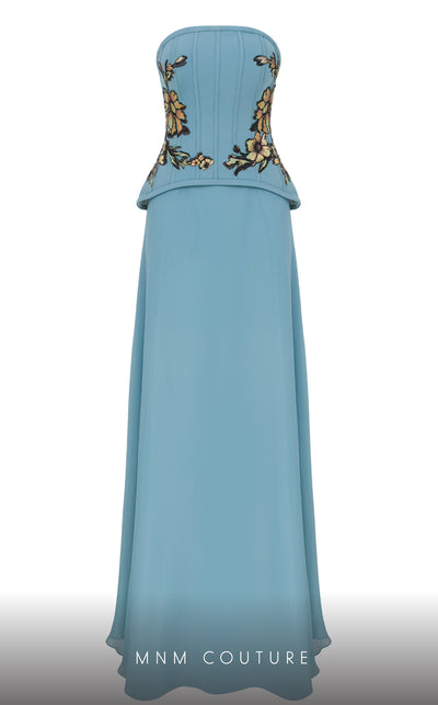 MNM Couture B1117 black mint column gown with floral embroidered corset and train |Couture Shop LA