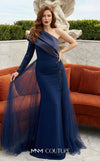 MNM Couture Style B1125 featuring a green organza gown with strap sleeves, a floral-embellished strap, cascading pleats, a V-neckline, and a flowing train.| Couture Shop LA.