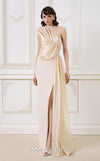 MNM Couture B1130 black gold red column gown with asymmetrical neckline and tassel details |Couture Shop LA