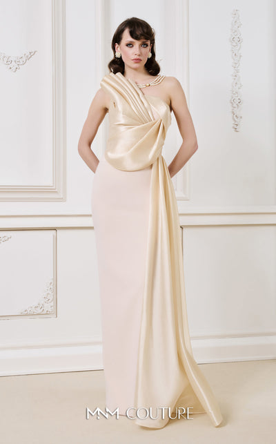 MNM Couture B1130 black gold red column gown with asymmetrical neckline and tassel details |Couture Shop LA