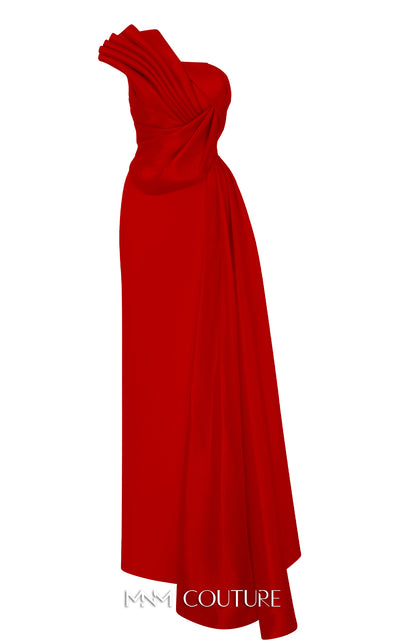 MNM Couture B1130 black gold red column gown with asymmetrical neckline and tassel details |Couture Shop LA