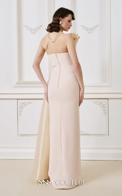 MNM Couture B1130 black gold red column gown with asymmetrical neckline and tassel details |Couture Shop LA