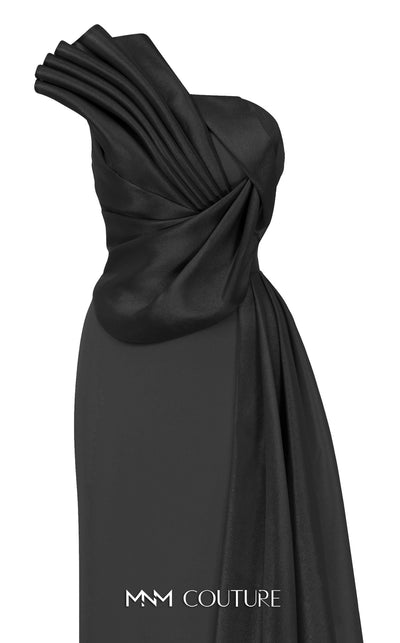 MNM Couture B1130 black gold red column gown with asymmetrical neckline and tassel details |Couture Shop LA