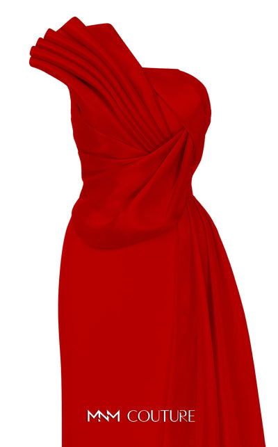 MNM Couture B1130 black gold red column gown with asymmetrical neckline and tassel details |Couture Shop LA