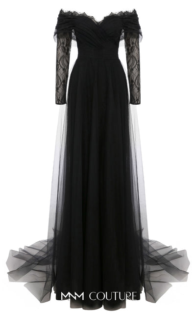 MNM Couture Style B1141 featuring a flared black organza gown with an off-the-shoulder sweetheart neckline, long sleeves, and a long, flowing train cape at the back.| Couture Shop LA.