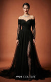 MNM Couture Style B1141 featuring a flared black organza gown with an off-the-shoulder sweetheart neckline, long sleeves, and a long, flowing train cape at the back.| Couture Shop LA.
