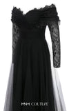 MNM Couture Style B1141 featuring a flared black organza gown with an off-the-shoulder sweetheart neckline, long sleeves, and a long, flowing train cape at the back.| Couture Shop LA.