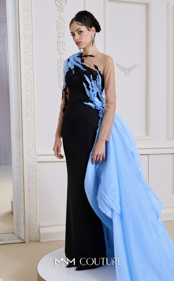 MNM Couture Style B1152 showcasing a fitted column dress in black/blue rayon crepe with an illusion neckline, long sleeves, shoulder embroidery, and a one-sided detachable train skirt. | Couture Shop LA