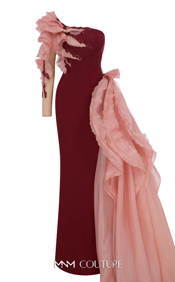 MNM Couture Style B1152 showcasing a fitted column dress in black/blue rayon crepe with an illusion neckline, long sleeves, shoulder embroidery, and a one-sided detachable train skirt. | Couture Shop LA