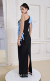 MNM Couture Style B1152 showcasing a fitted column dress in black/blue rayon crepe with an illusion neckline, long sleeves, shoulder embroidery, and a one-sided detachable train skirt. | Couture Shop LA