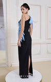 MNM Couture Style B1152 showcasing a fitted column dress in black/blue rayon crepe with an illusion neckline, long sleeves, shoulder embroidery, and a one-sided detachable train skirt. | Couture Shop LA