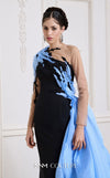 MNM Couture Style B1152 showcasing a fitted column dress in black/blue rayon crepe with an illusion neckline, long sleeves, shoulder embroidery, and a one-sided detachable train skirt. | Couture Shop LA