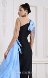 MNM Couture Style B1152 showcasing a fitted column dress in black/blue rayon crepe with an illusion neckline, long sleeves, shoulder embroidery, and a one-sided detachable train skirt. | Couture Shop LA