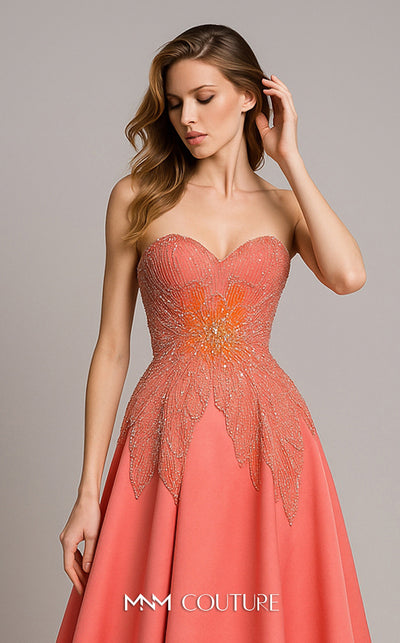 MNM Couture B1167 coral A-line gown with a sweetheart neckline and an intricately beaded and embroidered bodice. | Couture Shop LA