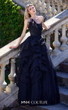 MNM Couture B1168 sleeveless tulle gown with a pleated, beaded bodice, asymmetric neckline, and a full A-line skirt with side ruffles. | Couture Shop LA