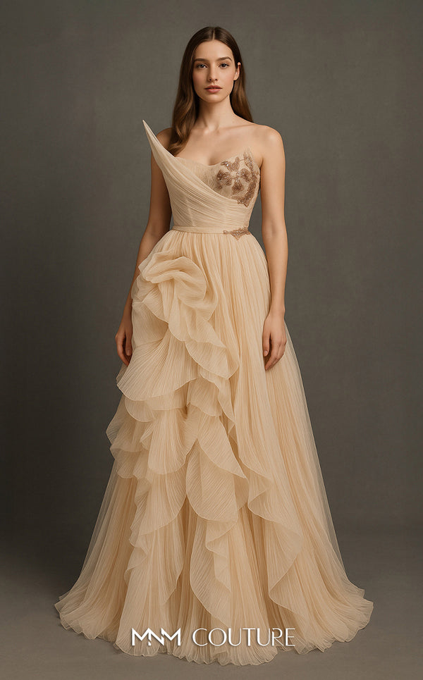 MNM Couture B1168 sleeveless tulle gown with a pleated, beaded bodice, asymmetric neckline, and a full A-line skirt with side ruffles. | Couture Shop LA