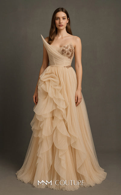 MNM Couture B1168 sleeveless tulle gown with a pleated, beaded bodice, asymmetric neckline, and a full A-line skirt with side ruffles. | Couture Shop LA