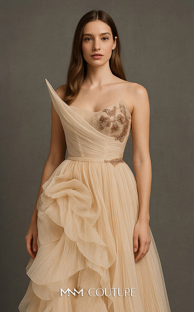 MNM Couture B1168 sleeveless tulle gown with a pleated, beaded bodice, asymmetric neckline, and a full A-line skirt with side ruffles. | Couture Shop LA