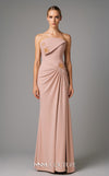 MNM Couture Style B1171 showcasing a pink sleeveless column dress in rayon crepe with a straight-across neckline, rhinestone triangle accent on the bust, and pleated waist detail. | Couture Shop LA