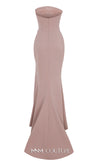 MNM Couture Style B1171 showcasing a pink sleeveless column dress in rayon crepe with a straight-across neckline, rhinestone triangle accent on the bust, and pleated waist detail. | Couture Shop LA