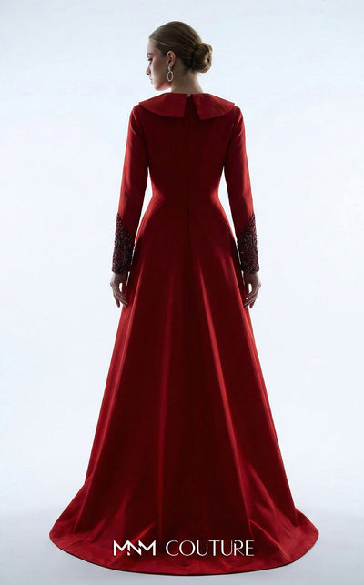 MNM Couture B1177 beaded taffeta column gown with lapel collar, long sleeves, V-neckline, and dramatic A-line overskirt train | Couture Shop LA.