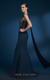 MNM Couture B1180 crepe mermaid gown with sequined bodice, deep V sheer panel, capped sleeve, and asymmetric shoulder train | Couture Shop LA.