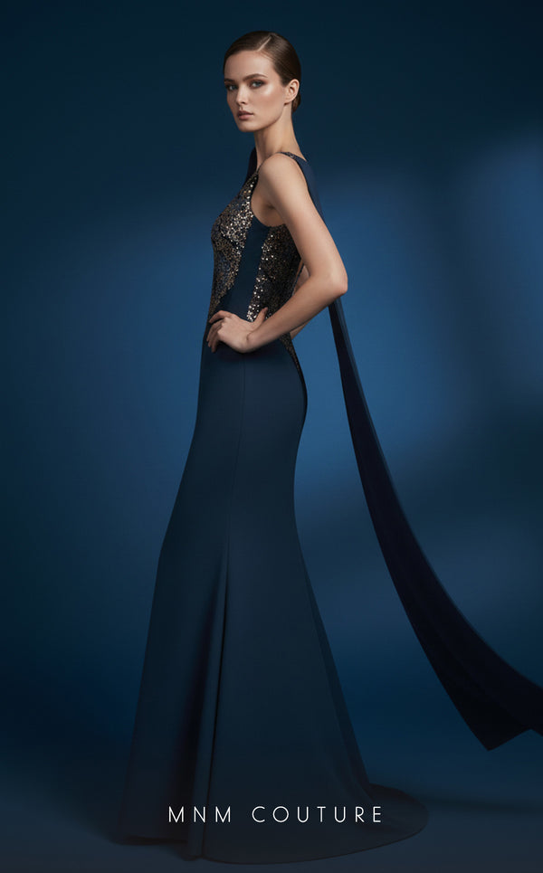 MNM Couture B1180 crepe mermaid gown with sequined bodice, deep V sheer panel, capped sleeve, and asymmetric shoulder train | Couture Shop LA.