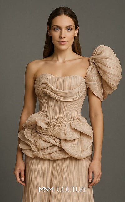 MNM Couture B1181 beige pleated chiffon gown with an asymmetric oversized shoulder ruffle and a large rosette detail on the waist. | Couture Shop LA