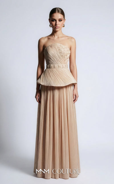 MNM Couture B1186 strapless pleated organza A-line gown with arched neckline, basket-weave bodice, peplum, and waist-accentuating belt | Couture Shop LA.