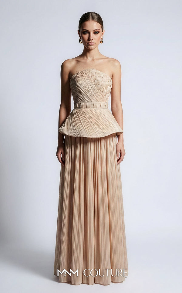 MNM Couture B1186 strapless pleated organza A-line gown with arched neckline, basket-weave bodice, peplum, and waist-accentuating belt | Couture Shop LA.