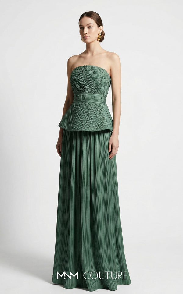 MNM Couture B1186 strapless pleated organza A-line gown with arched neckline, basket-weave bodice, peplum, and waist-accentuating belt | Couture Shop LA.