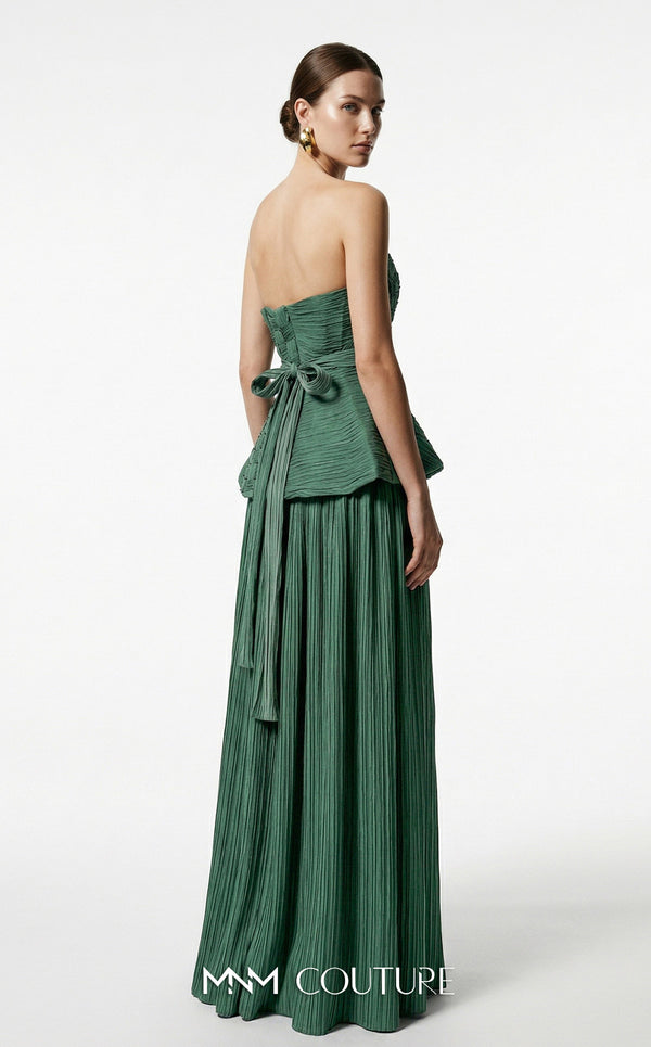 MNM Couture B1186 strapless pleated organza A-line gown with arched neckline, basket-weave bodice, peplum, and waist-accentuating belt | Couture Shop LA.