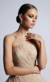 MNM Couture B1186 strapless pleated organza A-line gown with arched neckline, basket-weave bodice, peplum, and waist-accentuating belt | Couture Shop LA.