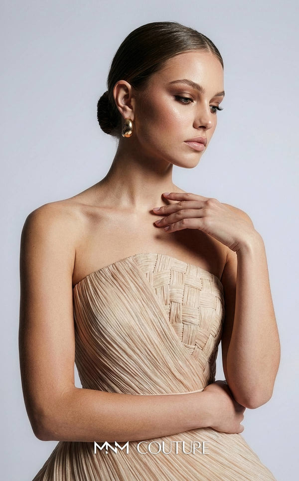 MNM Couture B1186 strapless pleated organza A-line gown with arched neckline, basket-weave bodice, peplum, and waist-accentuating belt | Couture Shop LA.