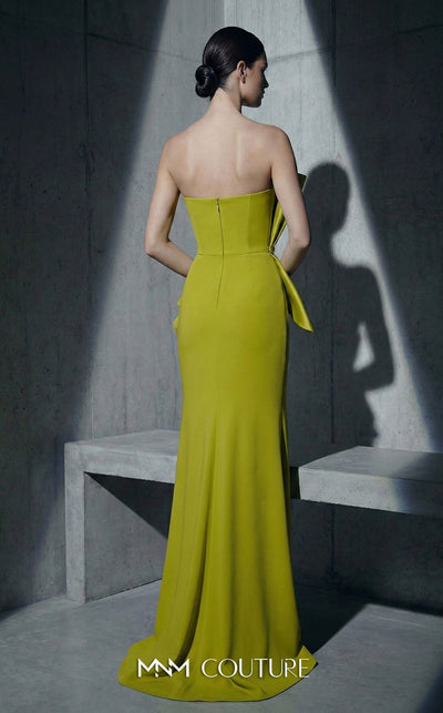 MNM Couture Style B1188 strapless column gown with an asymmetrical pleated neckline, side slit, and beaded floral peplum. | Couture Shop LA