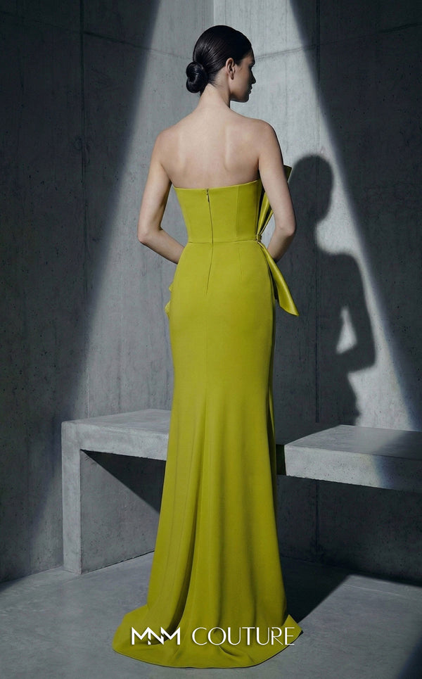 MNM Couture Style B1188 strapless column gown with an asymmetrical pleated neckline, side slit, and beaded floral peplum. | Couture Shop LA