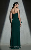 MNM Couture Style B1188 strapless column gown with an asymmetrical pleated neckline, side slit, and beaded floral peplum. | Couture Shop LA
