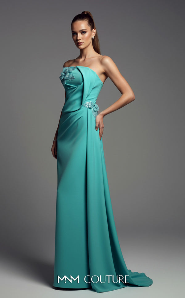Strapless crepe haute couture column gown featuring 3D floral beading MNM Couture B1189