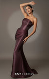 MNM Couture B1194 strapless liquid satin mermaid gown with arched neckline and asymmetrical drape from upper waist to lower hip | Couture Shop LA.