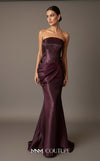 MNM Couture B1194 strapless liquid satin mermaid gown with arched neckline and asymmetrical drape from upper waist to lower hip | Couture Shop LA.