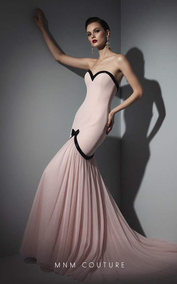 Pink crepe and tulle luxury gala gown with sequined bow MNM Couture B1203
