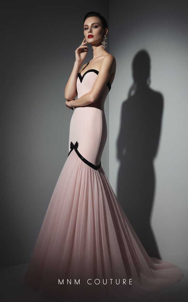 Pink crepe and tulle luxury gala gown with sequined bow MNM Couture B1203