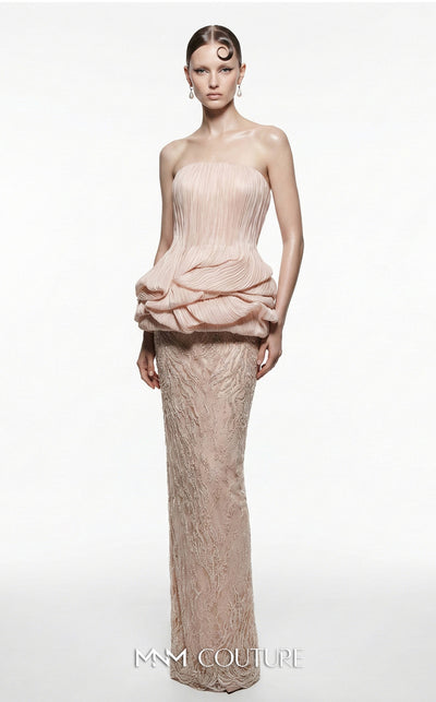 MNM Couture B1228 blush nude micro-pleated strapless sheath gown with oversized sculptural rose-like peplum and fitted lace column skirt | Couture Shop LA