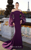 MNM Couture B1239 crepe off-shoulder mermaid gown with straight neckline, billowing sheer organza puffed sleeves, 3D sequined floral appliqués at the forearms, and small train | Couture Shop LA.