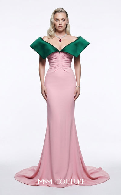 MNM Couture B1245 cognac brown crepe mermaid gown with oversized structured satin off-shoulder fold collar, sweetheart neckline, ruched waist, and sweeping train | Couture Shop LA