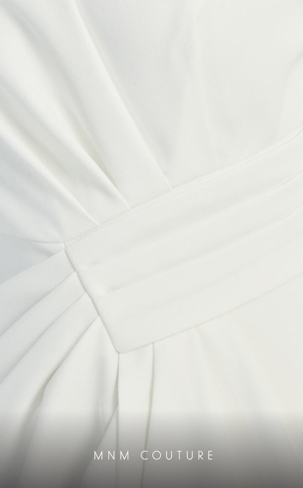 GLAM by MNM Couture DZ1045 midi dress with V-neckline and long sleeves in sleek polyester. | Couture Shop LA